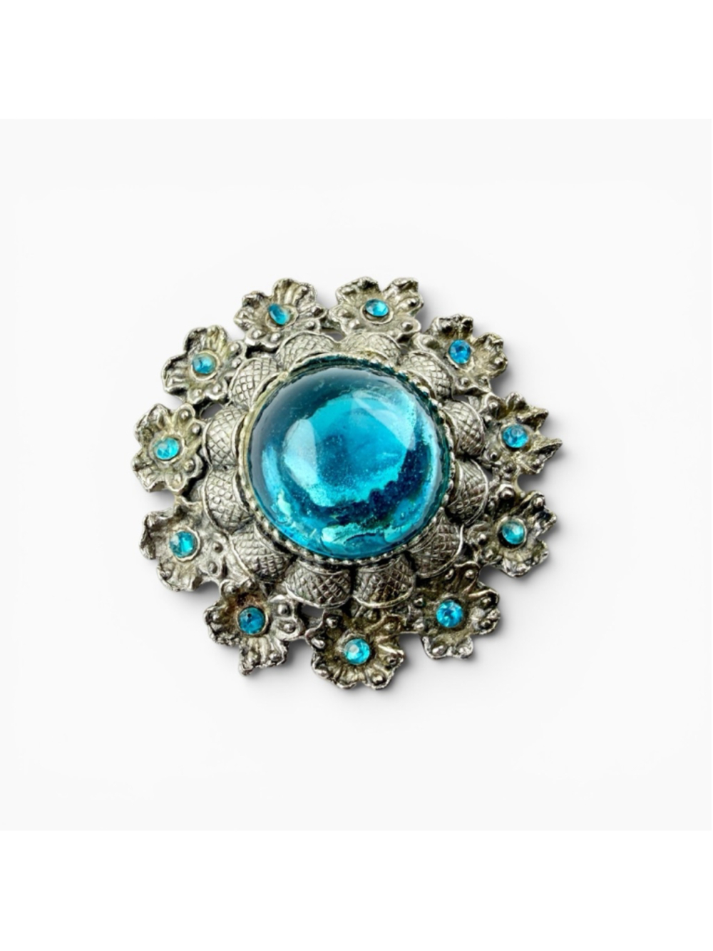 Vintage Blue Cabochon Brooch, Czech Rhinestone Ribbon Floral Pin, Mid Century